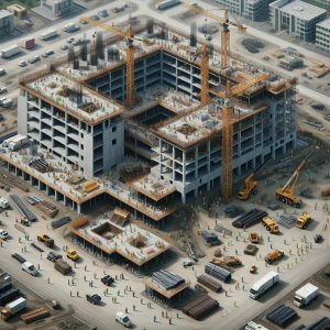 Hospital construction site aerial.
