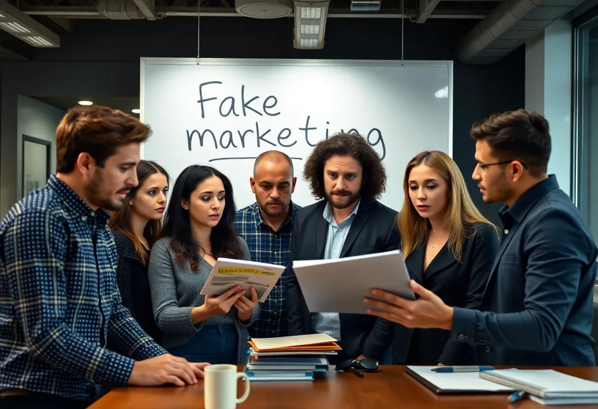 Marketers discussing in an office about avoiding fake marketing strategies.