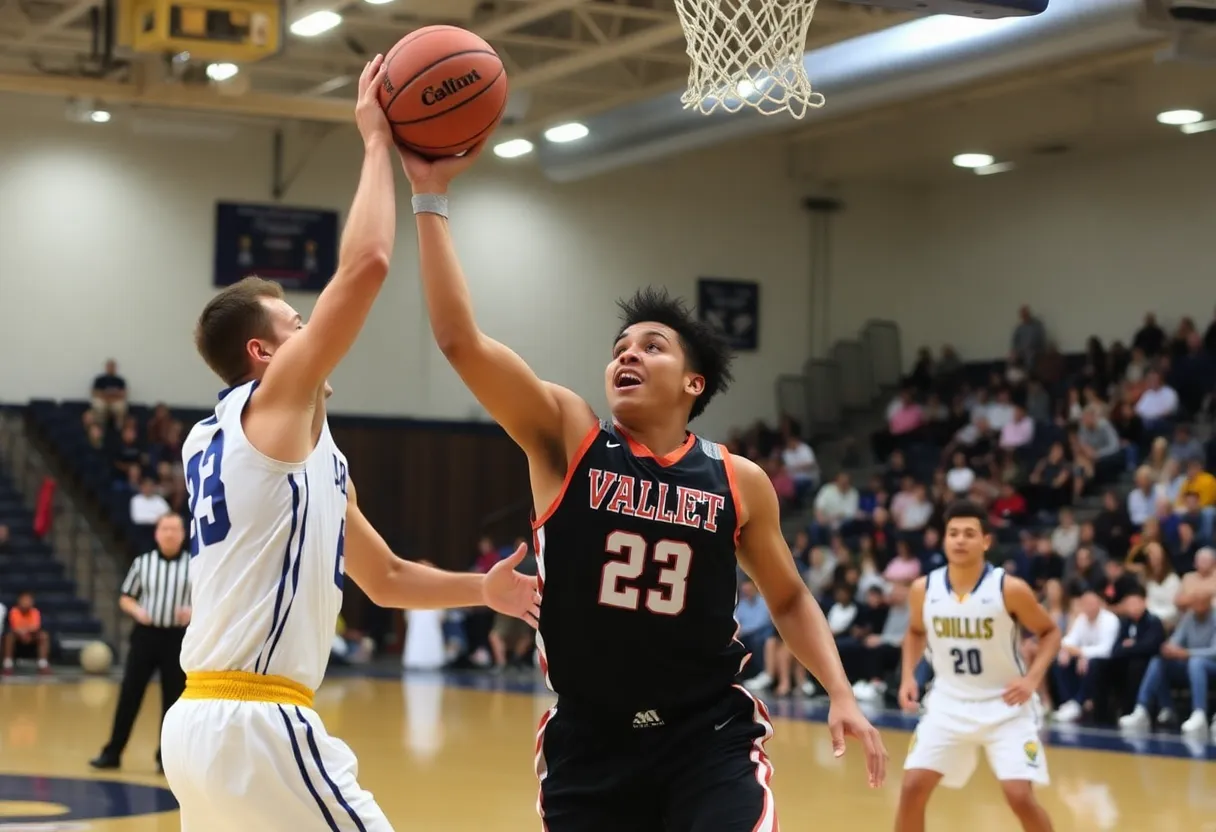 Dynamic college basketball action on the court.