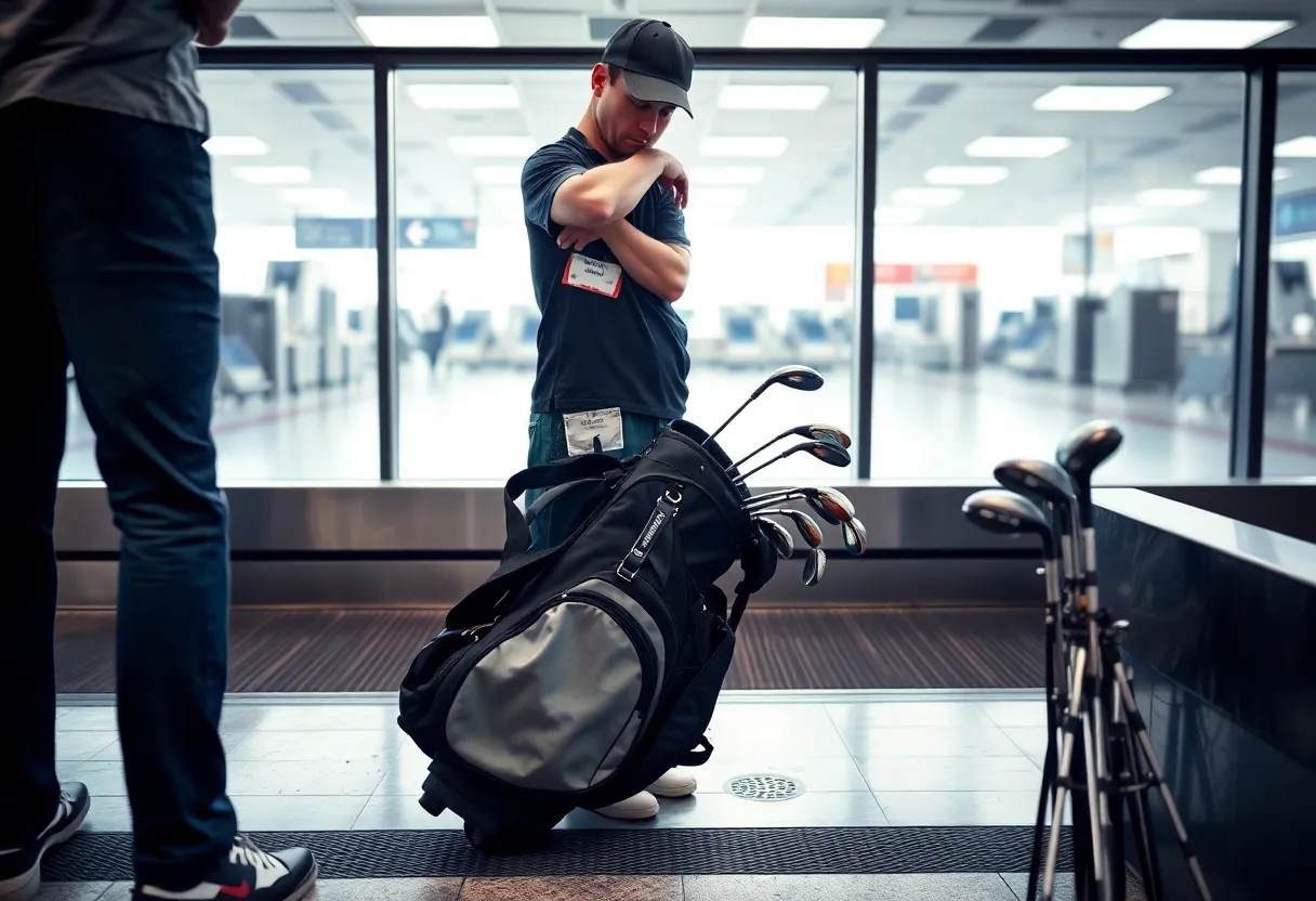 Charred golf clubs in a damaged golf bag at the airport