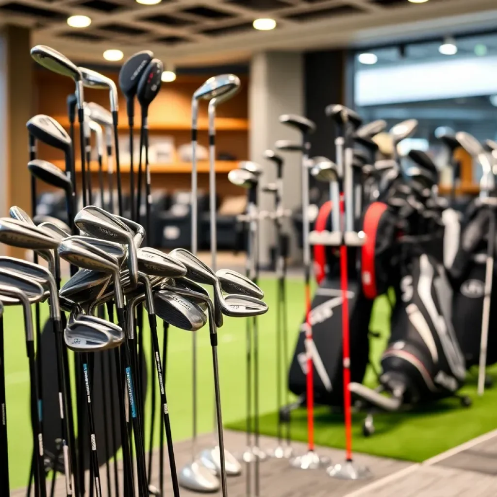 Selection of indoor golf clubs including Ping irons in a well-lit indoor space.