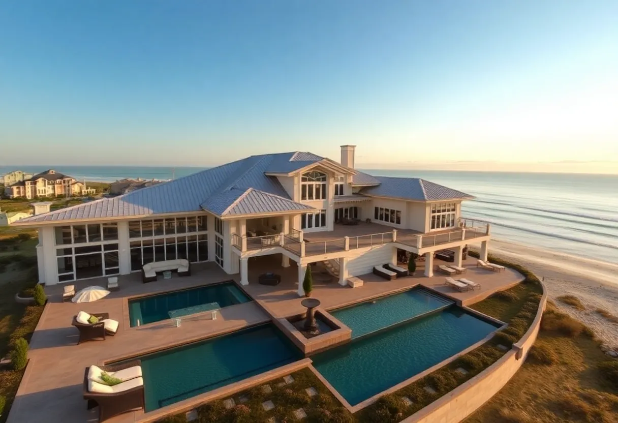 A luxurious beachfront home at Myrtle Beach with a pool and ocean view.