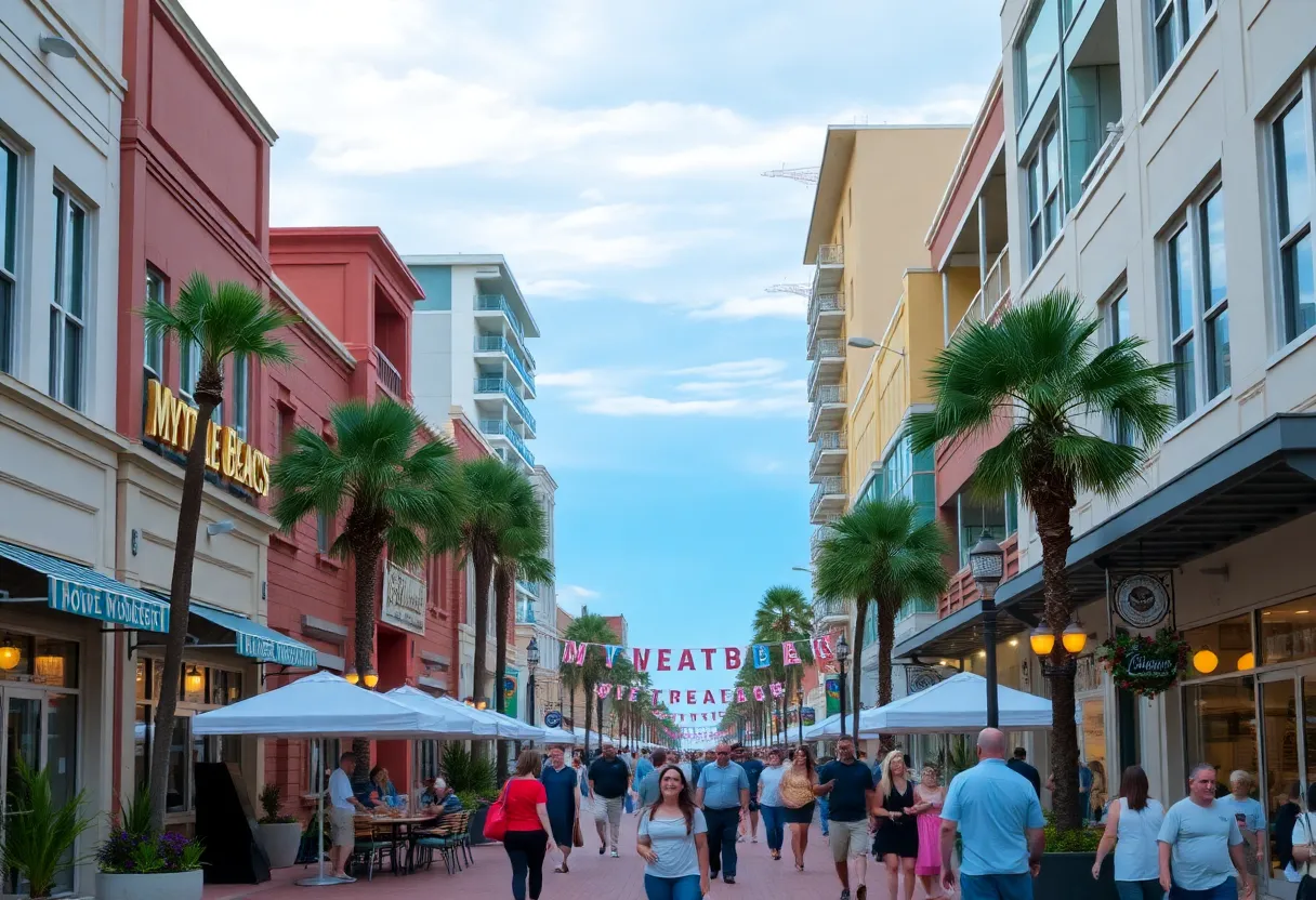 Vibrant downtown area of Myrtle Beach showcasing shops and restaurants