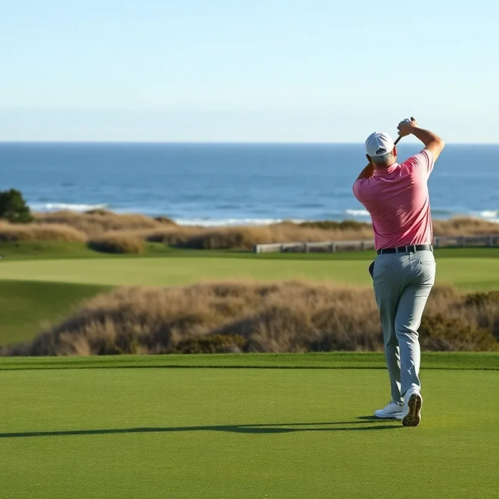 A golfer teeing off at a Myrtle Beach golf course