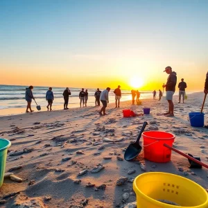 Individuals searching for shark teeth at Myrtle Beach