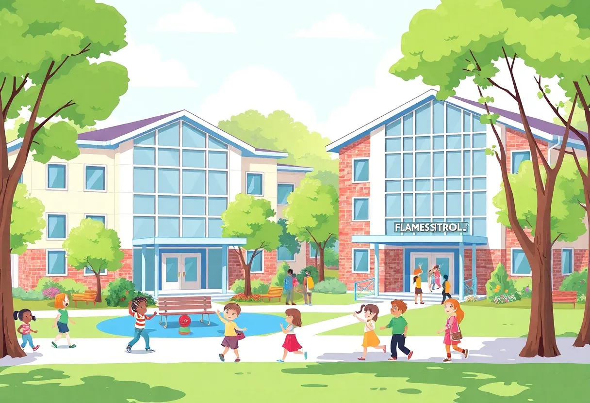 Illustration of two new elementary schools in Carolina Forest with children playing outside.