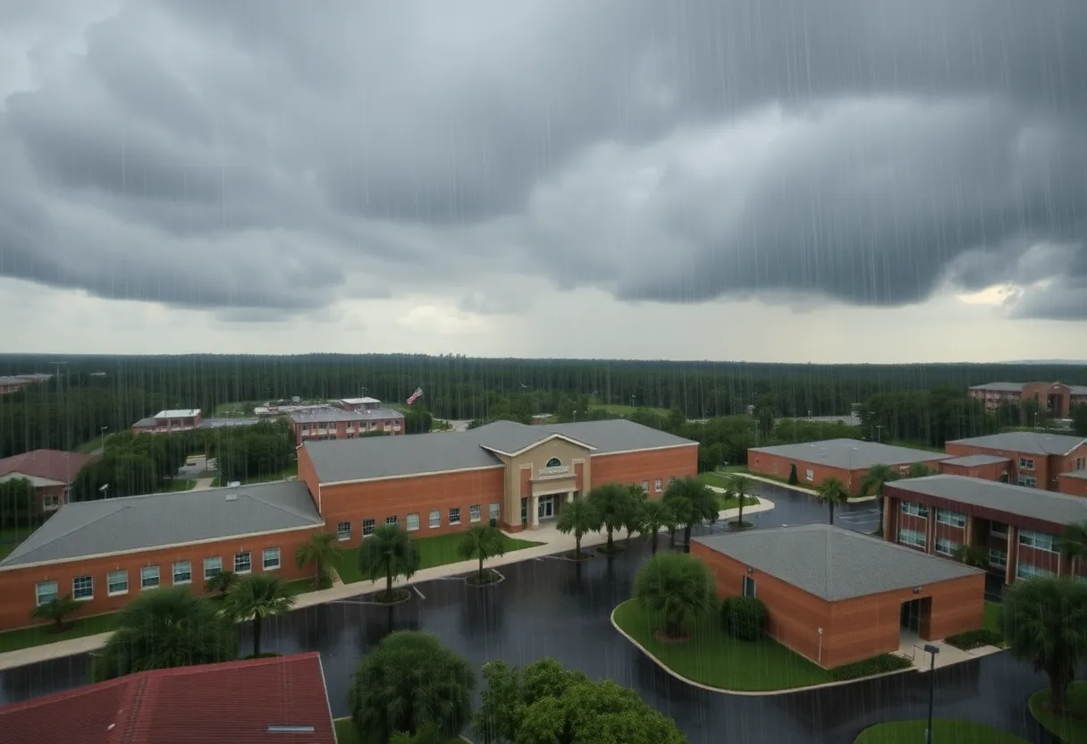 Aerial view of schools and cloudy skies during Tropical Storm.
