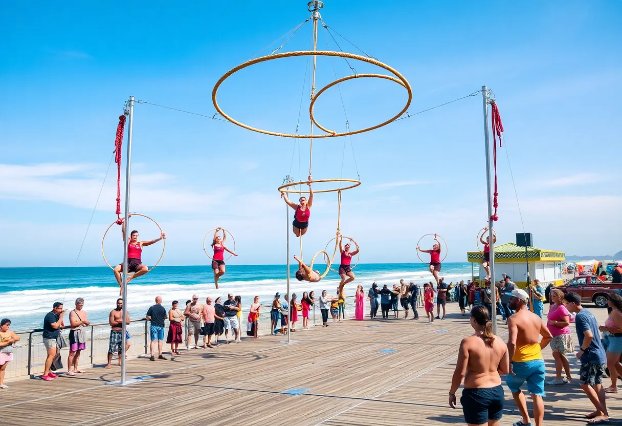 Group of aerial performers showcasing their skills at Surfside Beach Pier