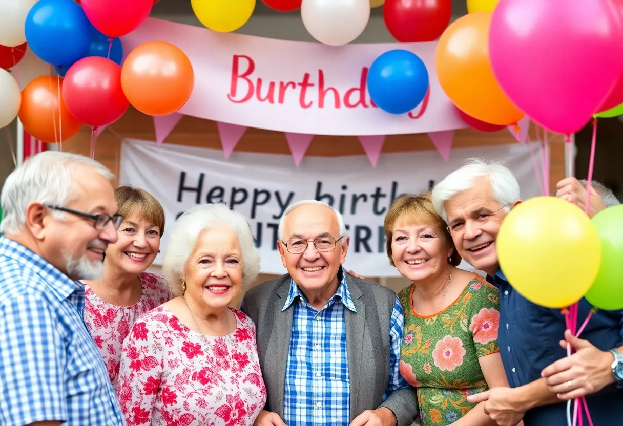 Celebration scene for a centenarian's birthday with community members.