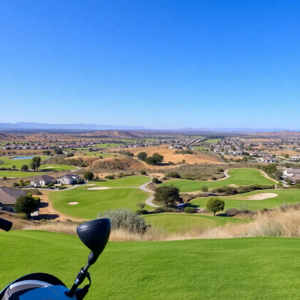A scenic view of Carlsbad, California, showcasing golf courses and equipment.