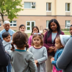 Parents and children discussing safety measures in front of a school