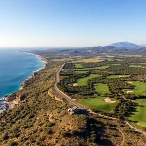 A breathtaking view of the Costa Navarino golf course with olive trees and sea