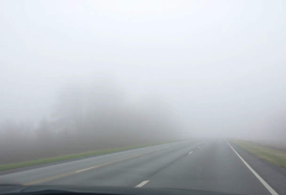 Foggy road in Eastern North Carolina causing low visibility