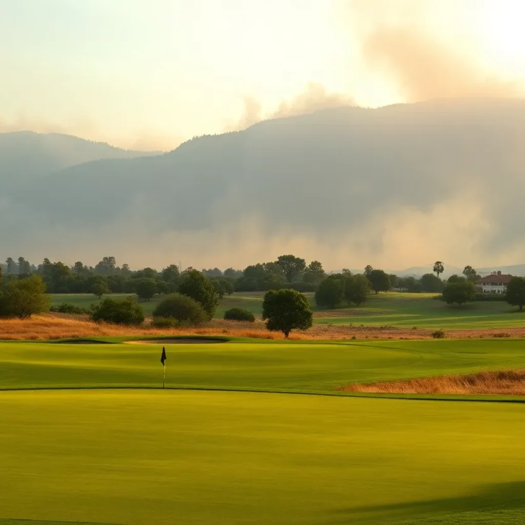 Golf course affected by wildfires with smoke rising in the background