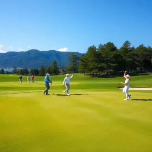 Golf players celebrating a hole-in-one on a sunny day at a stunning golf course.