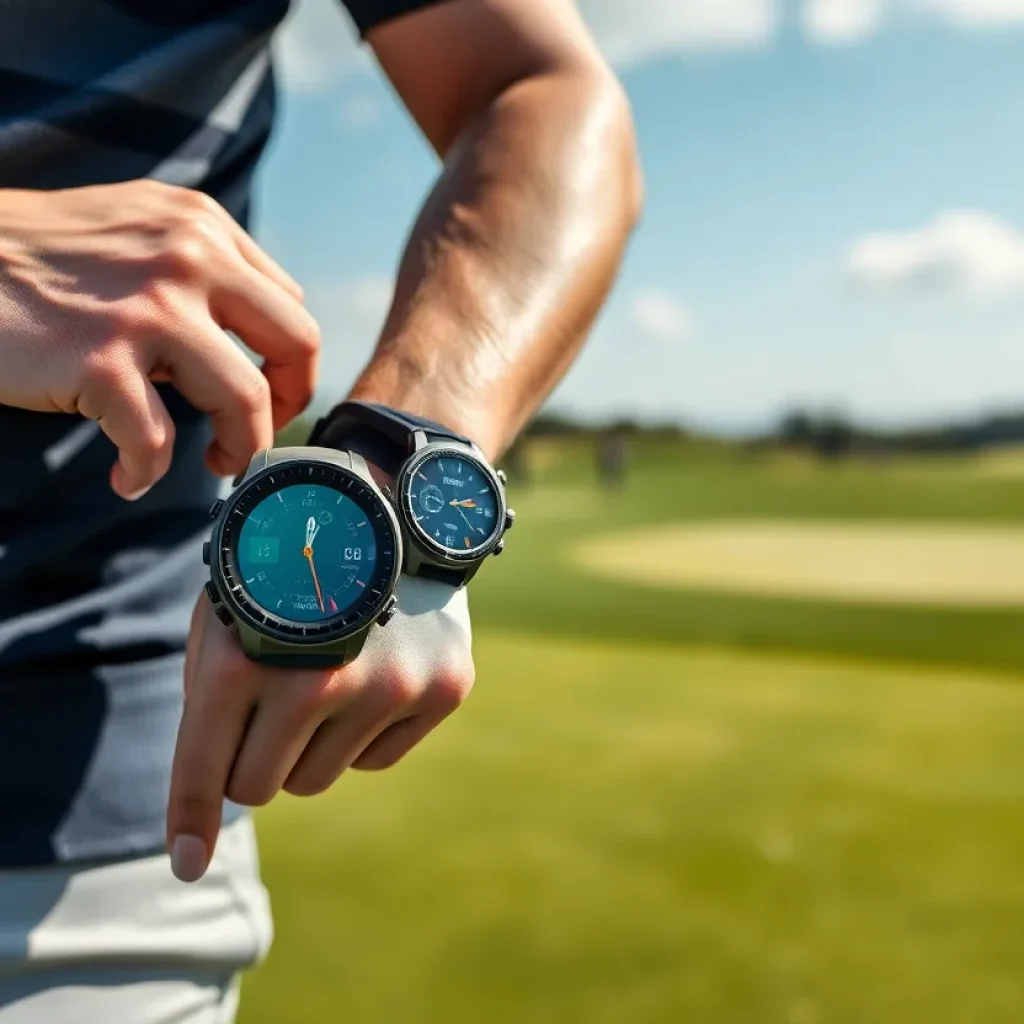 Golfer using a GPS golf watch on a golf course