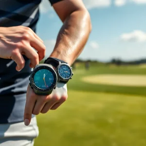 Golfer using a GPS golf watch on a golf course