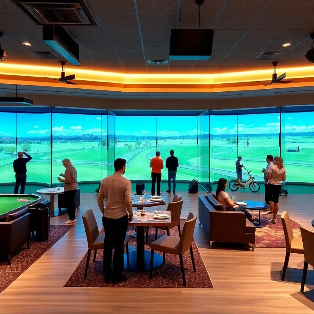 Indoor golf facility showcasing modern simulator bays and social areas