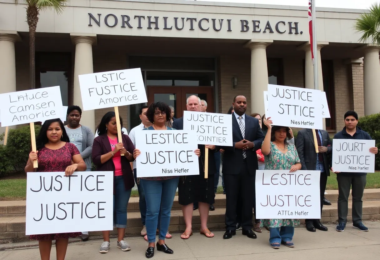 Johnson family holding justice signs at a North Myrtle Beach courthouse
