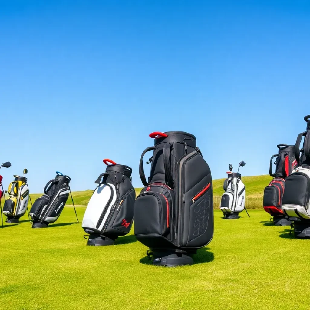 A variety of colorful lightweight golf bags on a golf course