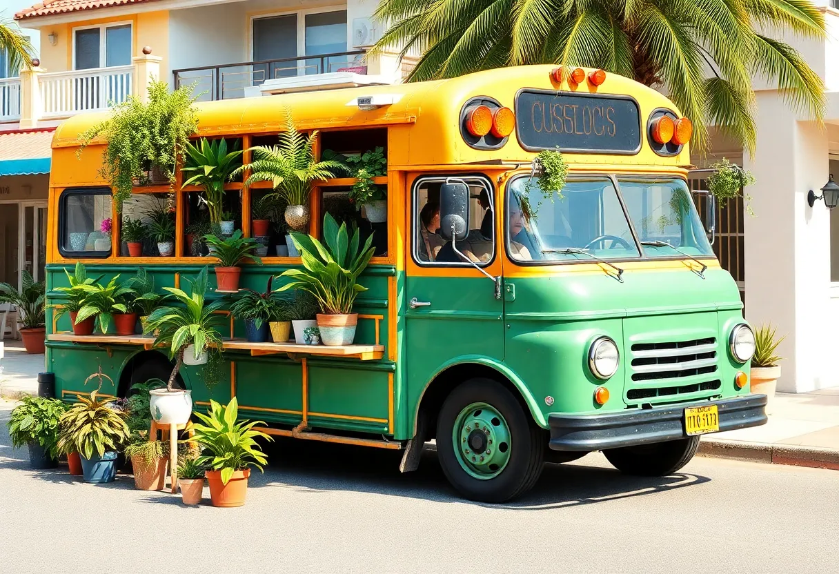 A vintage school bus transformed into a mobile plant nursery, displaying indoor tropical plants.