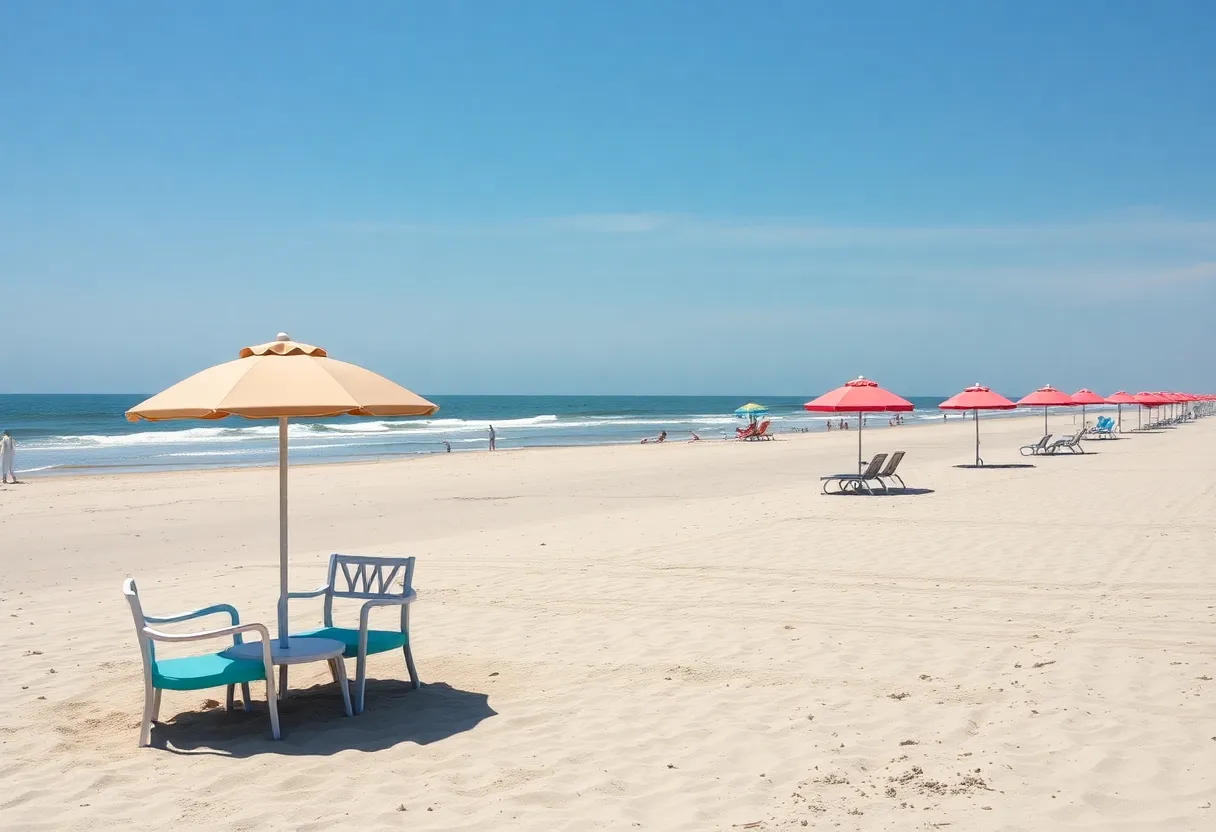 Empty beach chairs and umbrellas at Myrtle Beach
