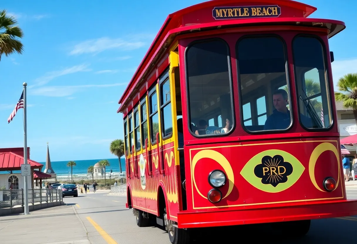 Myrtle Beach History Trolley in front of historical sites