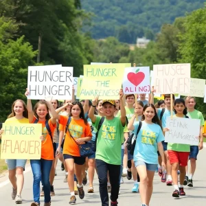 Students marching in the Myrtle Beach Hunger Walk holding signs