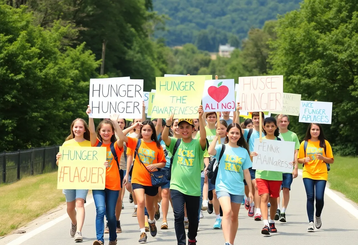 Students marching in the Myrtle Beach Hunger Walk holding signs