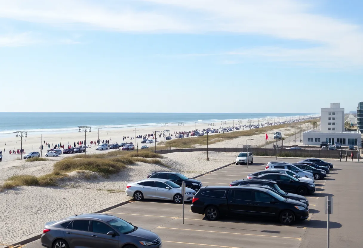 A busy Myrtle Beach shoreline with visible parking signs