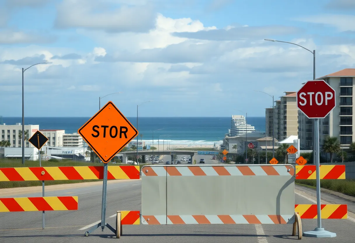 Road construction scene in Myrtle Beach with closures signs