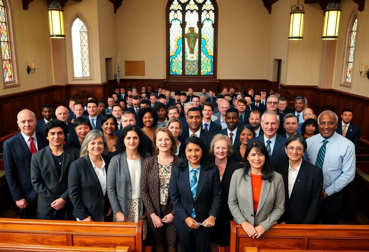 Diverse leaders gathered in a church setting.
