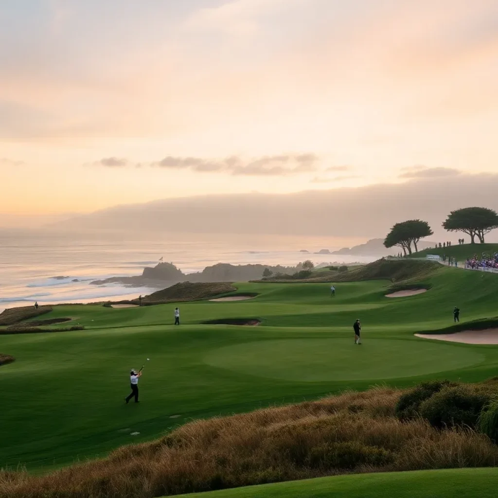 A picturesque landscape of Pebble Beach during a golf tournament