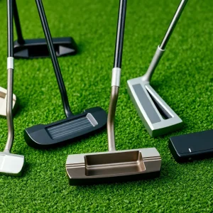 Collection of Ping putters for 2025 displayed on a golf course putting green.