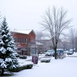 A snow-covered street in Horry County, South Carolina during a winter storm.