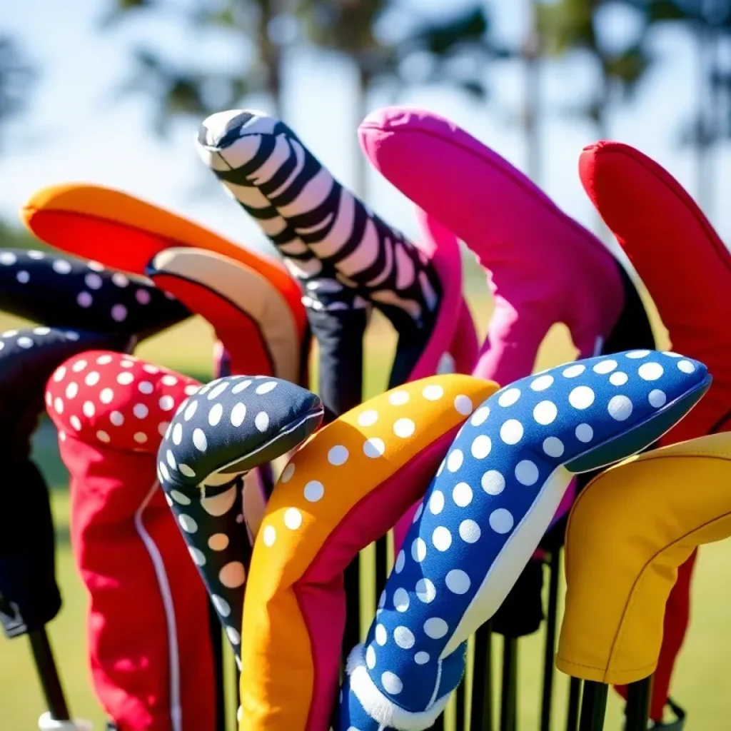 A variety of stylish golf headcovers displayed outdoors