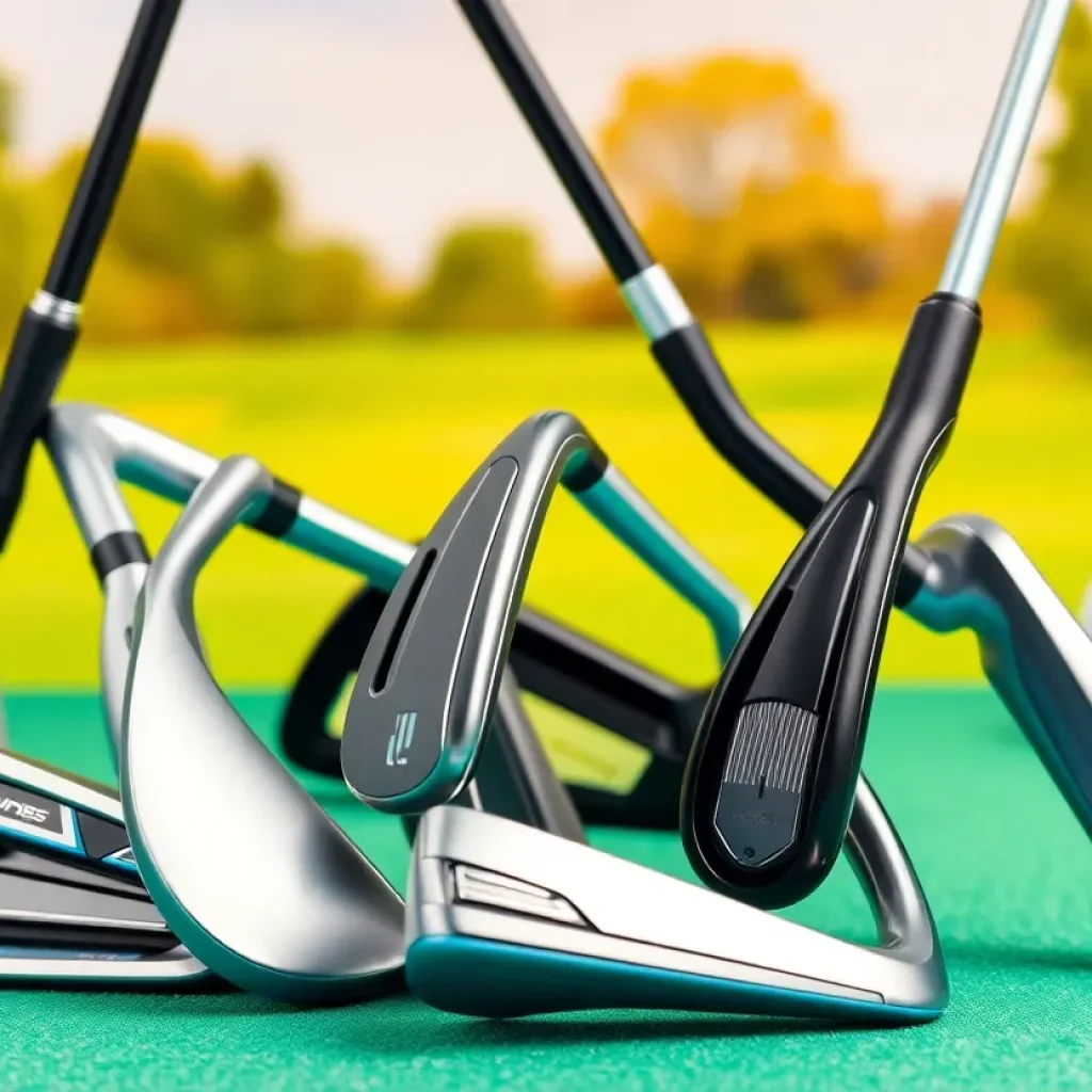 Different models of golf irons for women displayed outdoors