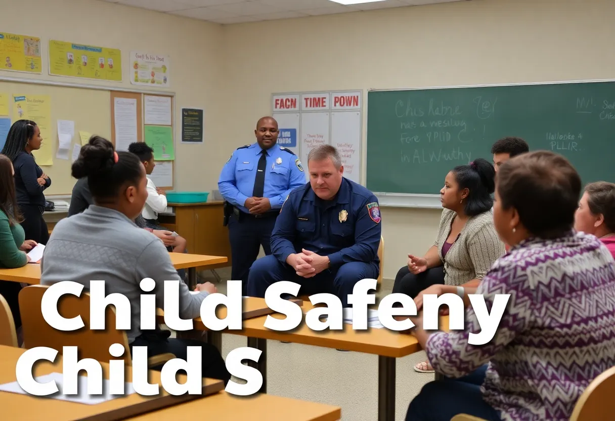 Community members gather to discuss child safety issues.