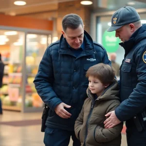 Police officer helping a child in need outside a supermarket