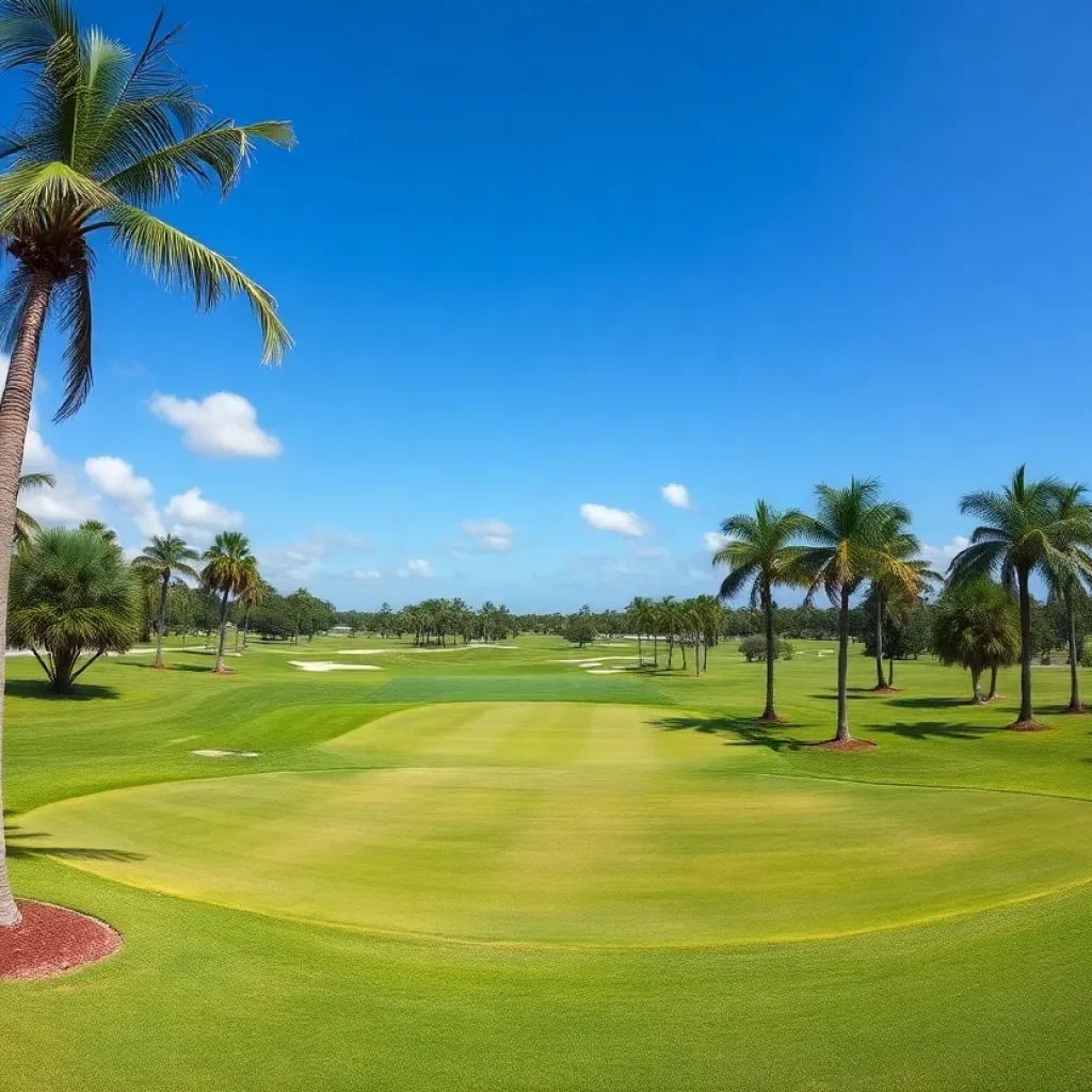 A scenic Florida golf course with lush greens and sunny skies.