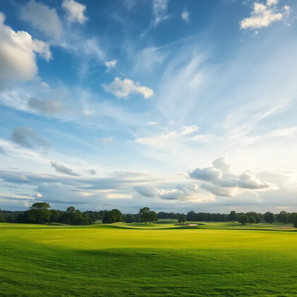 View of a golf course with lush greenery and a blue sky