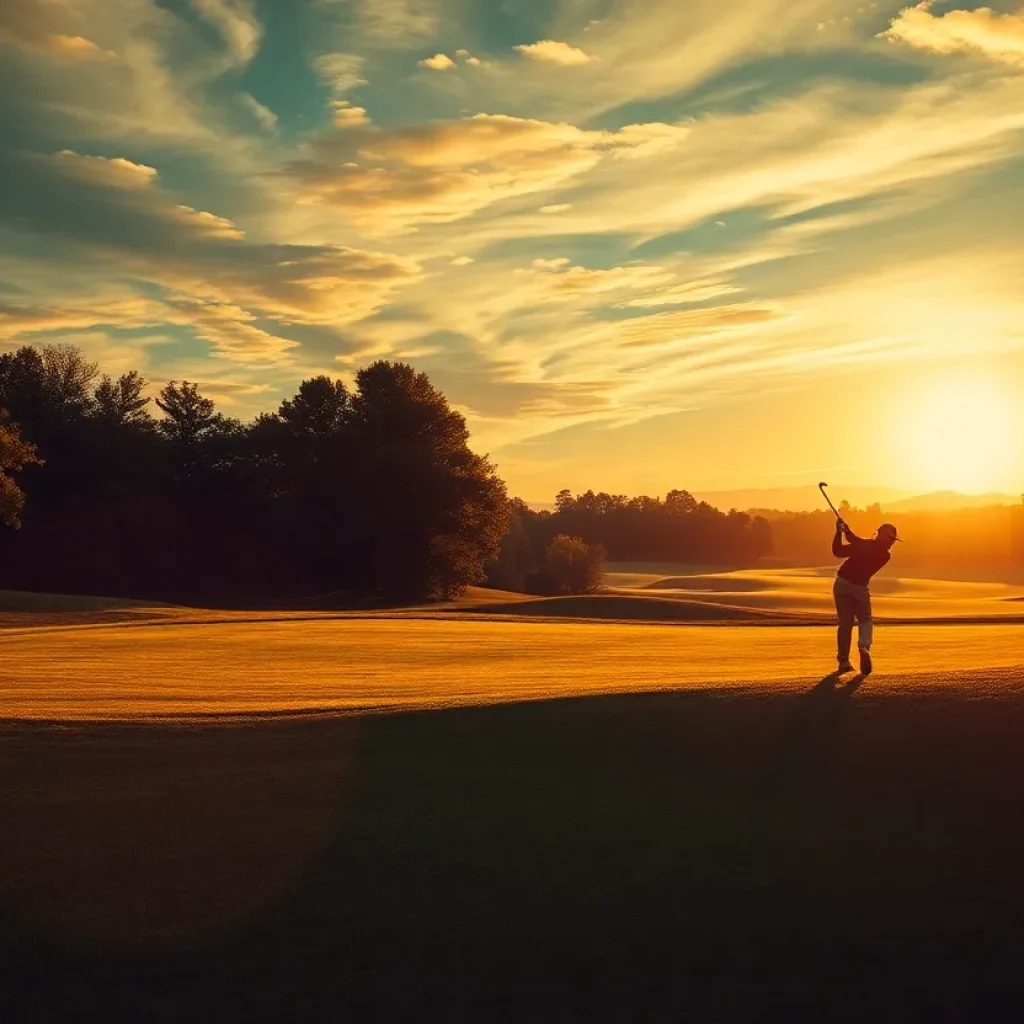 A captivating photograph of a scenic golf course during golden hour.