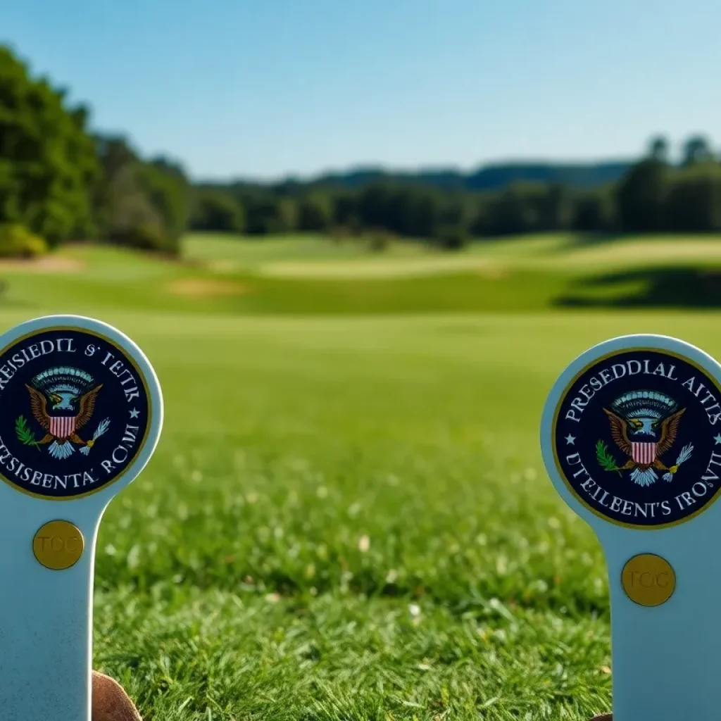 Tee markers with the Presidential Seal on a golf course