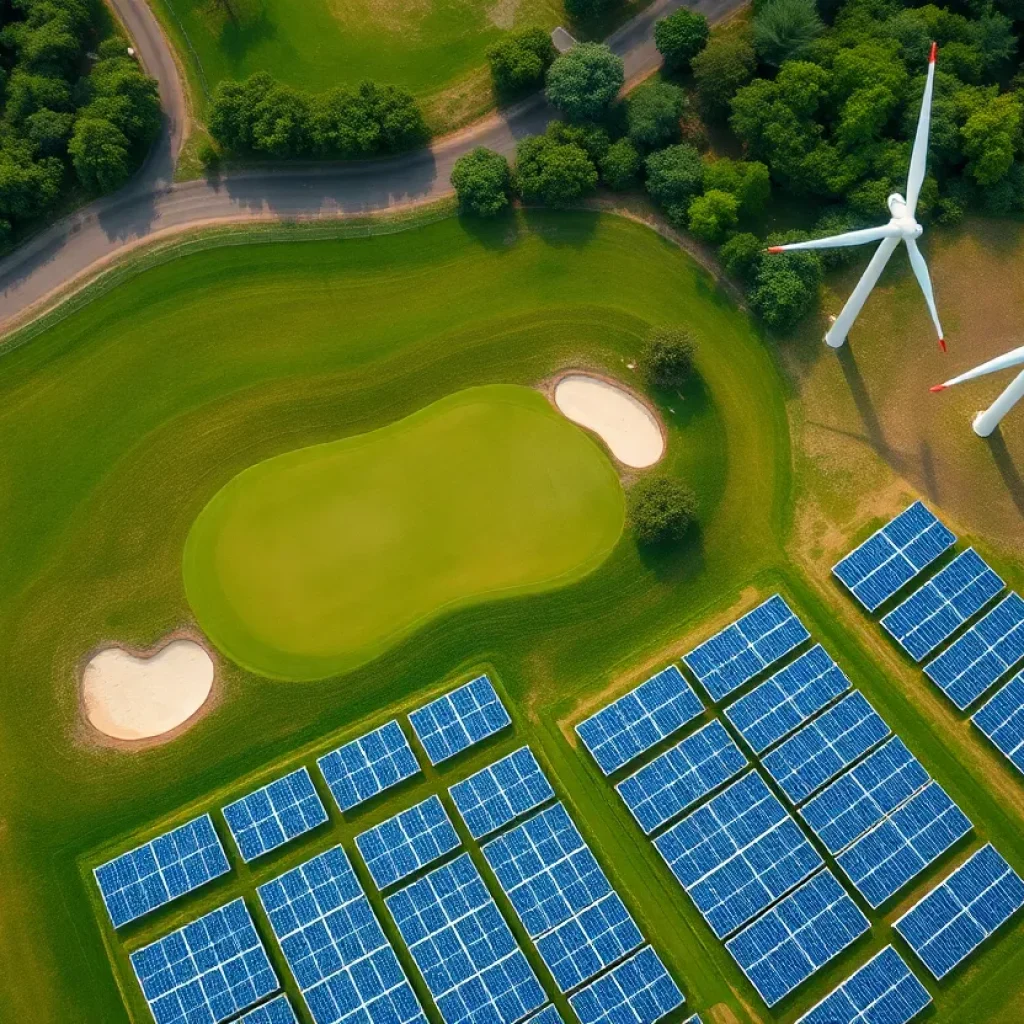 Aerial view of a golf course alongside solar panels and wind turbines.