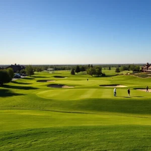 Golfers playing on a beautiful green course at a luxury resort in the USA.
