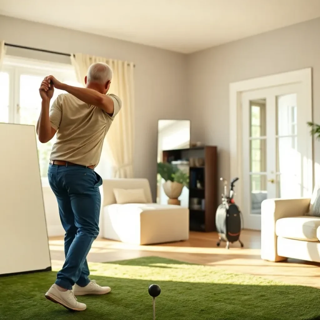 Golfer improving swing technique at home