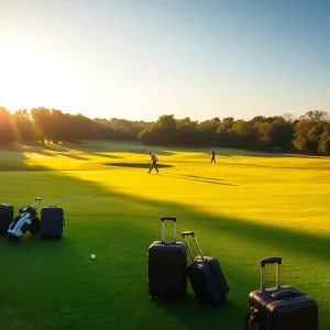 Golfers on a scenic golf course with travel accessories
