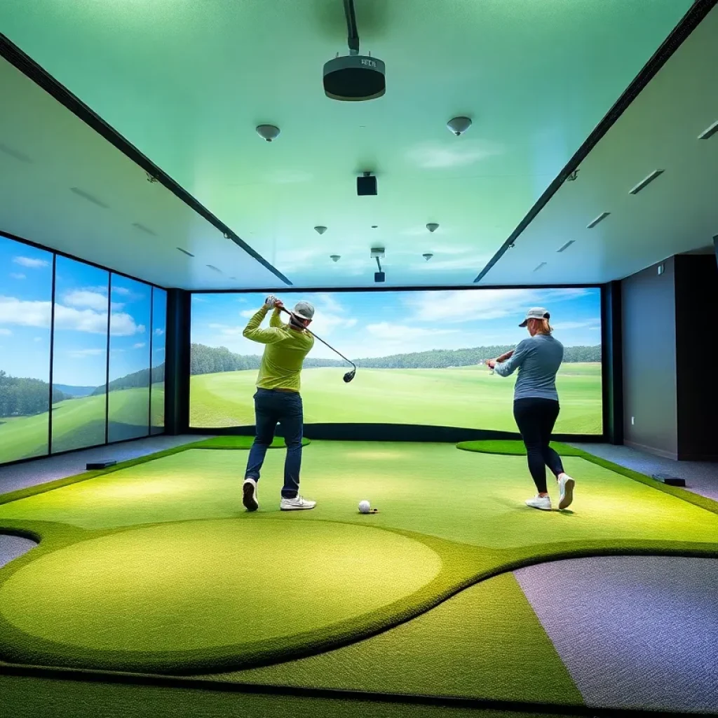 Golfers practicing on a TrueSlope training platform in an indoor facility.