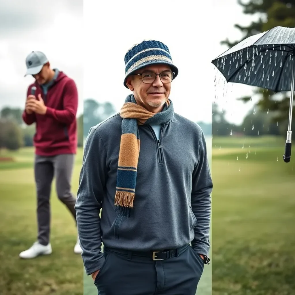 A golfer demonstrating preparation for hot and cold weather on a golf course.