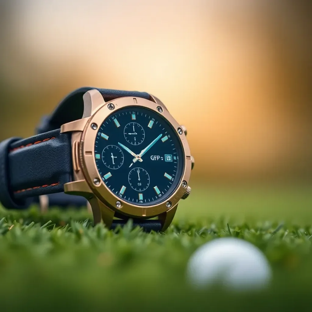 Stylish golf watch with GPS features on a green golf course